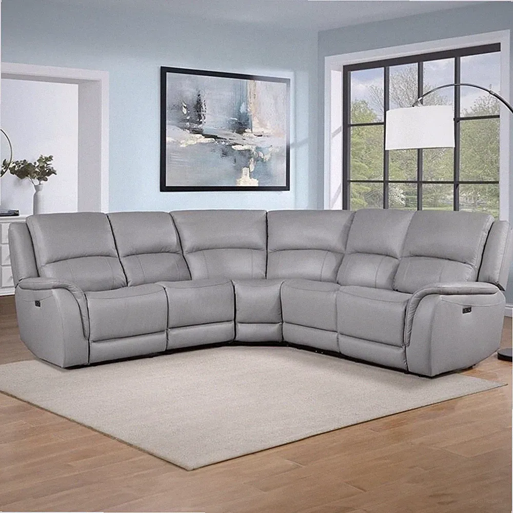 Pemberly Row Contemporary 5-piece Leather Power Reclining Sofa in Stone