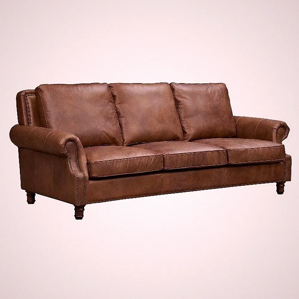 Pemberly Row Contemporary English Rolled Arm Sofa in Bark Brown Leather