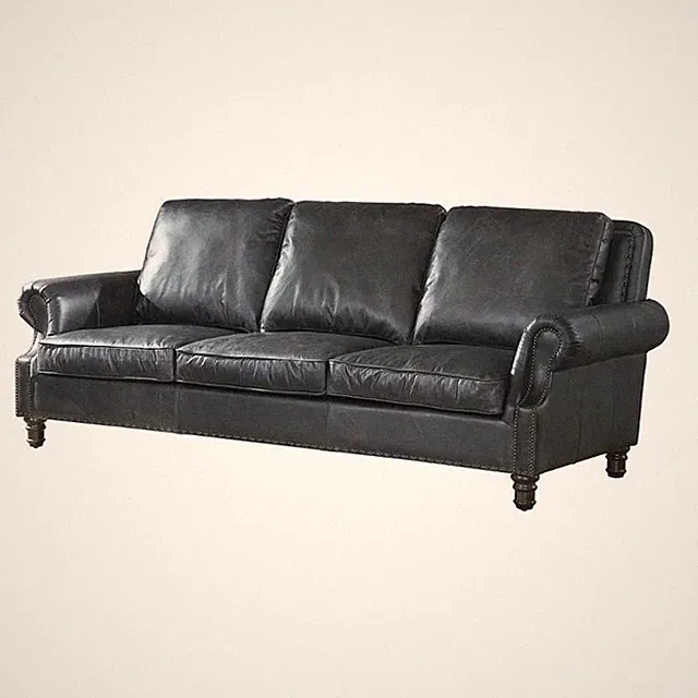 Pemberly Row Contemporary English Rolled Arm Sofa in Slate Leather