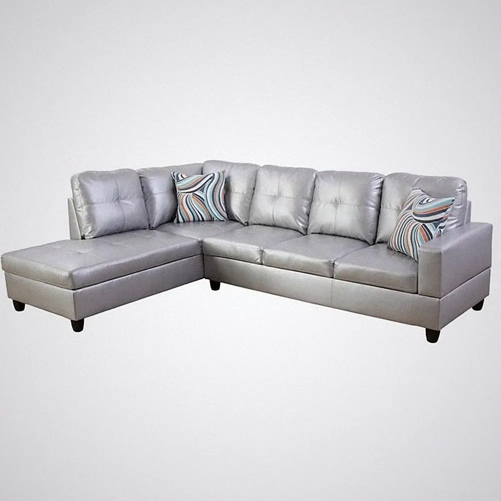 Pemberly Row Contemporary Faux Leather Left Sectional Sofa in Silver White