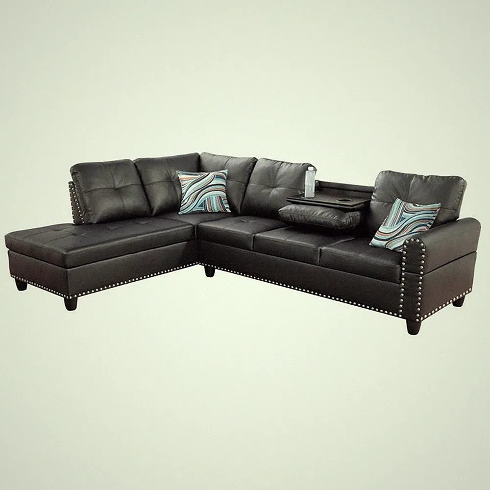 Pemberly Row Contemporary Faux Leather Sectional Sofa in Black