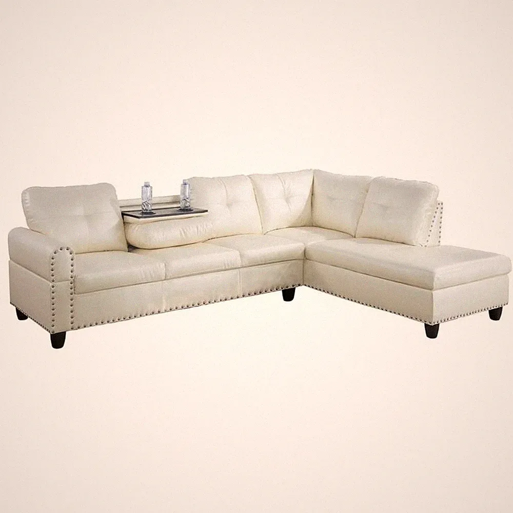 Pemberly Row Contemporary Faux Leather Sectional Sofa in Shiny White
