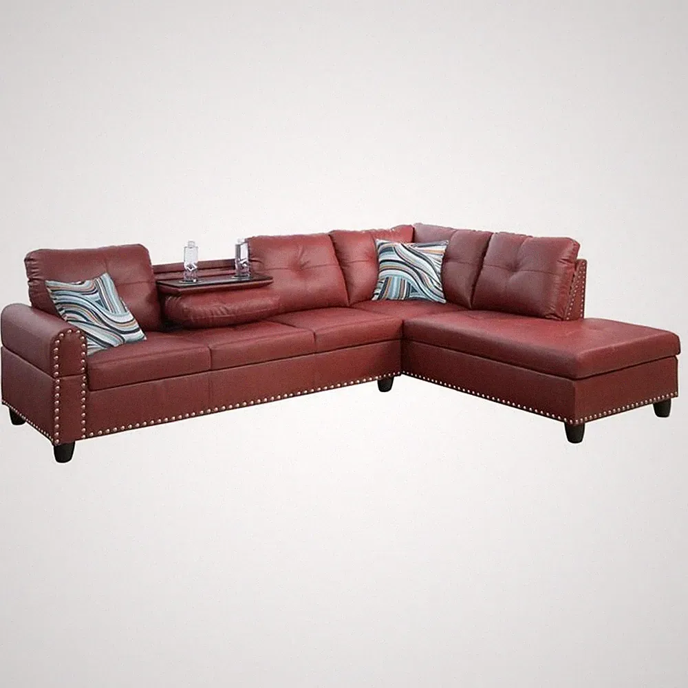 Pemberly Row Contemporary Faux Leather Sectional Sofa in Wine Red