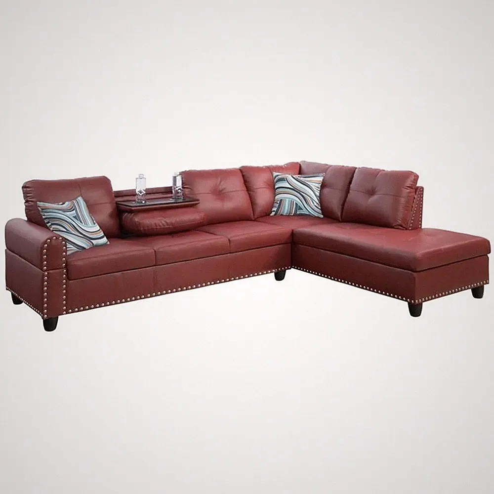 Pemberly Row Contemporary Faux Leather Sectional Sofa in Wine Red