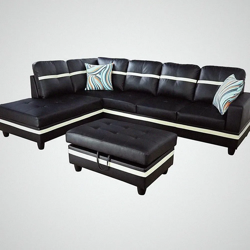 Pemberly Row Contemporary Left-Facing Sectional & Ottoman in Black/White