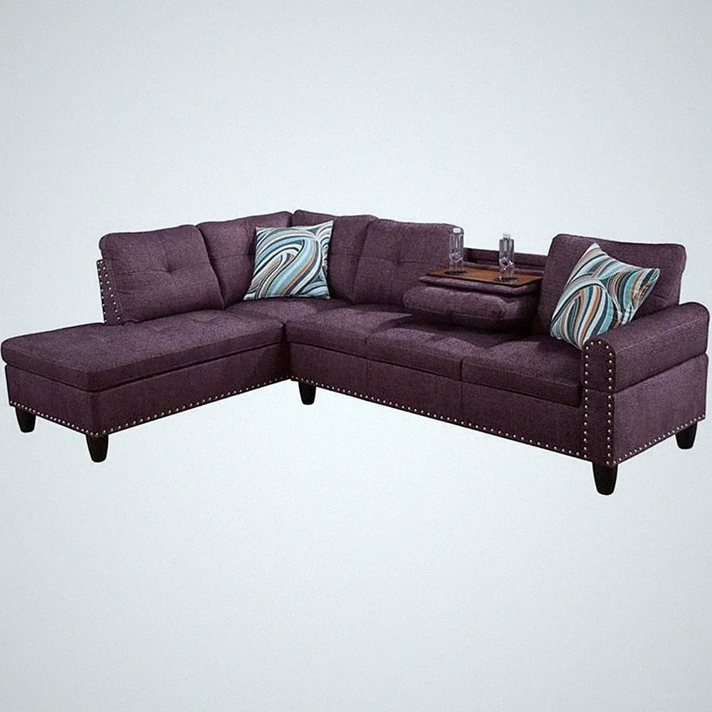 Pemberly Row Contemporary Linen Fabric Sectional Sofa in Amaranth Purple