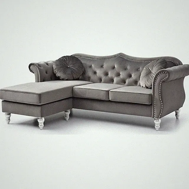 Pemberly Row Contemporary Velvet Sofa Chaise in Dark Gray Finish