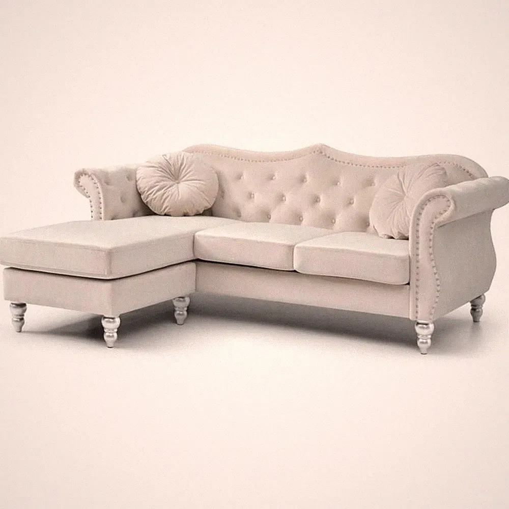 Pemberly Row Contemporary Velvet Sofa Chaise in Ivory Finish