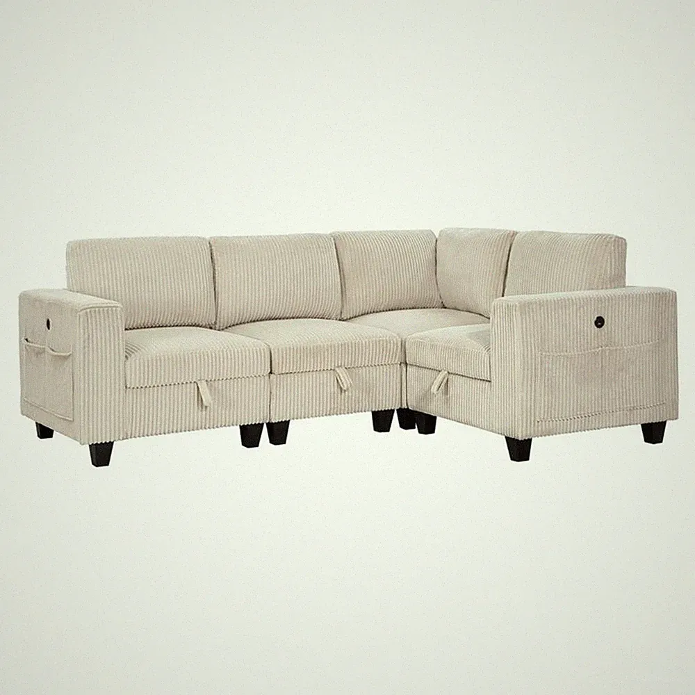 Pemberly Row Corduroy 4-Piece Modular Sectional USB Charging Storage in Beige