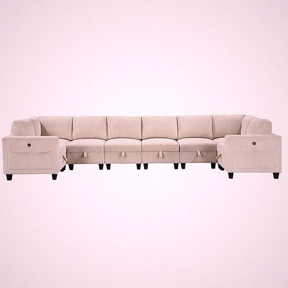 Pemberly Row Corduroy 8-Piece U-Shape Modular Sectional USB Storage in Beige