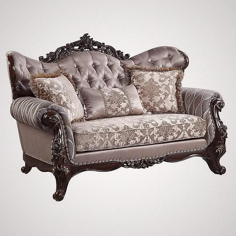 Pemberly Row Fabric Loveseat with 3 Pillows in Taupe and Antique Oak