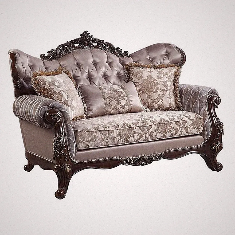 Pemberly Row Fabric Loveseat with 3 Pillows in Taupe and Antique Oak