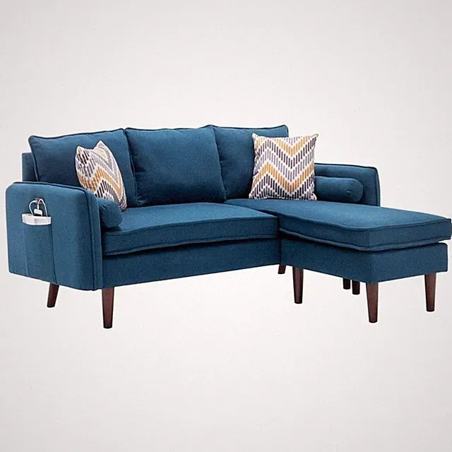 Pemberly Row Fabric Sectional Sofa Chaise with USB Charger & Pillows in Blue