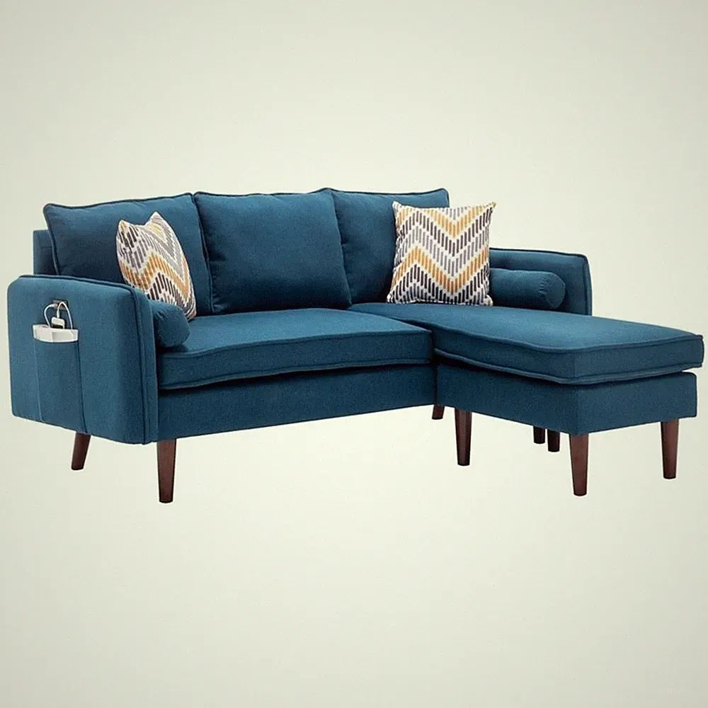 Pemberly Row Fabric Sectional Sofa Chaise with USB Charger & Pillows in Blue