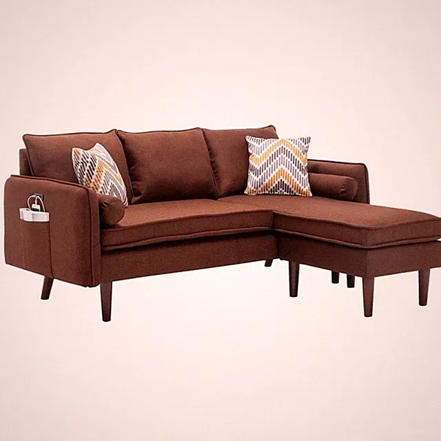 Pemberly Row Fabric Sectional Sofa Chaise with USB Charger & Pillows in Brown