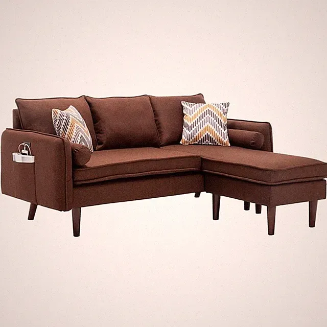 Pemberly Row Fabric Sectional Sofa Chaise with USB Charger & Pillows in Brown
