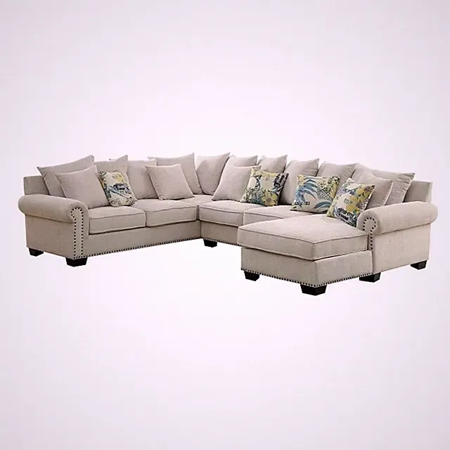 Pemberly Row Fabric Sectional Sofa with Nailhead Trim & Rolled Armrests in Beige