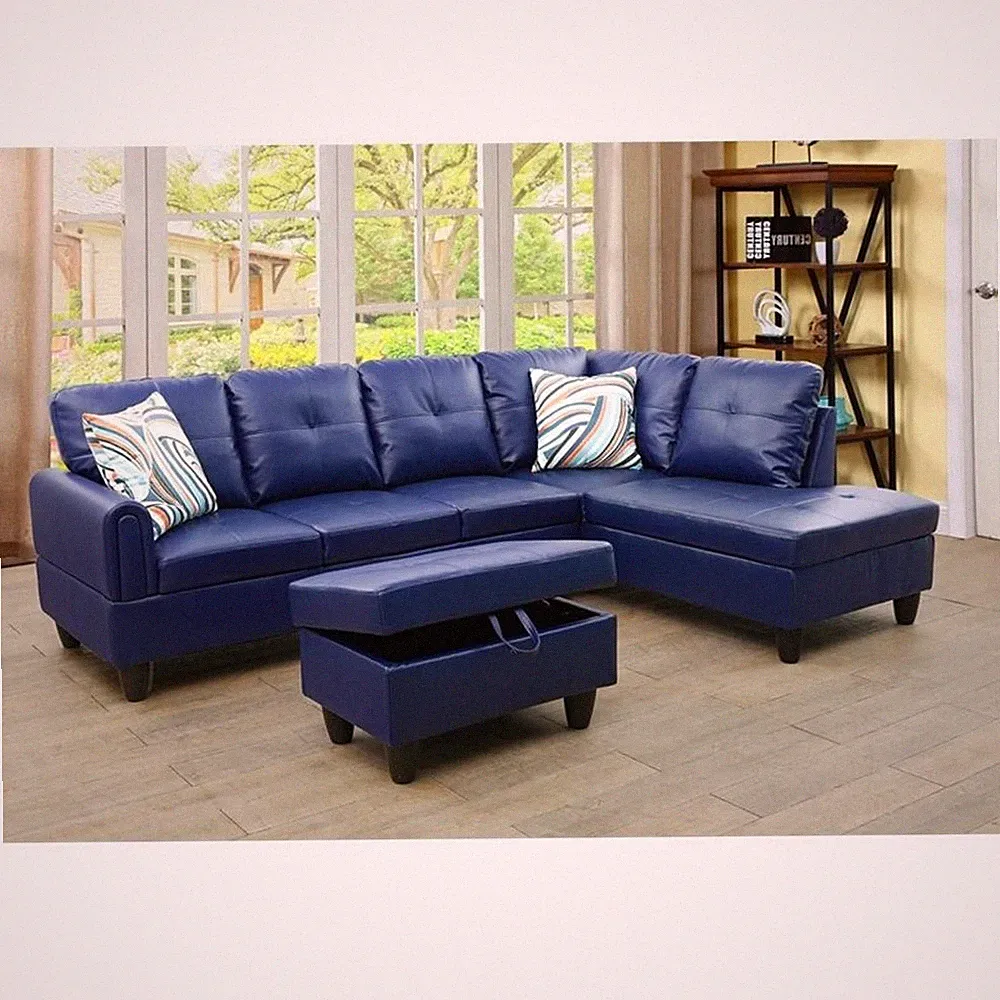 Pemberly Row Faux Leather 3-Piece Right Facing Sectional Set in Navy Blue