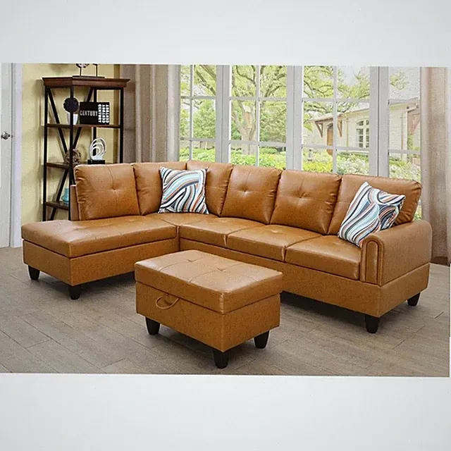 Pemberly Row Faux Leather 3PC Sectional w/ottoman (Rusty Orange)