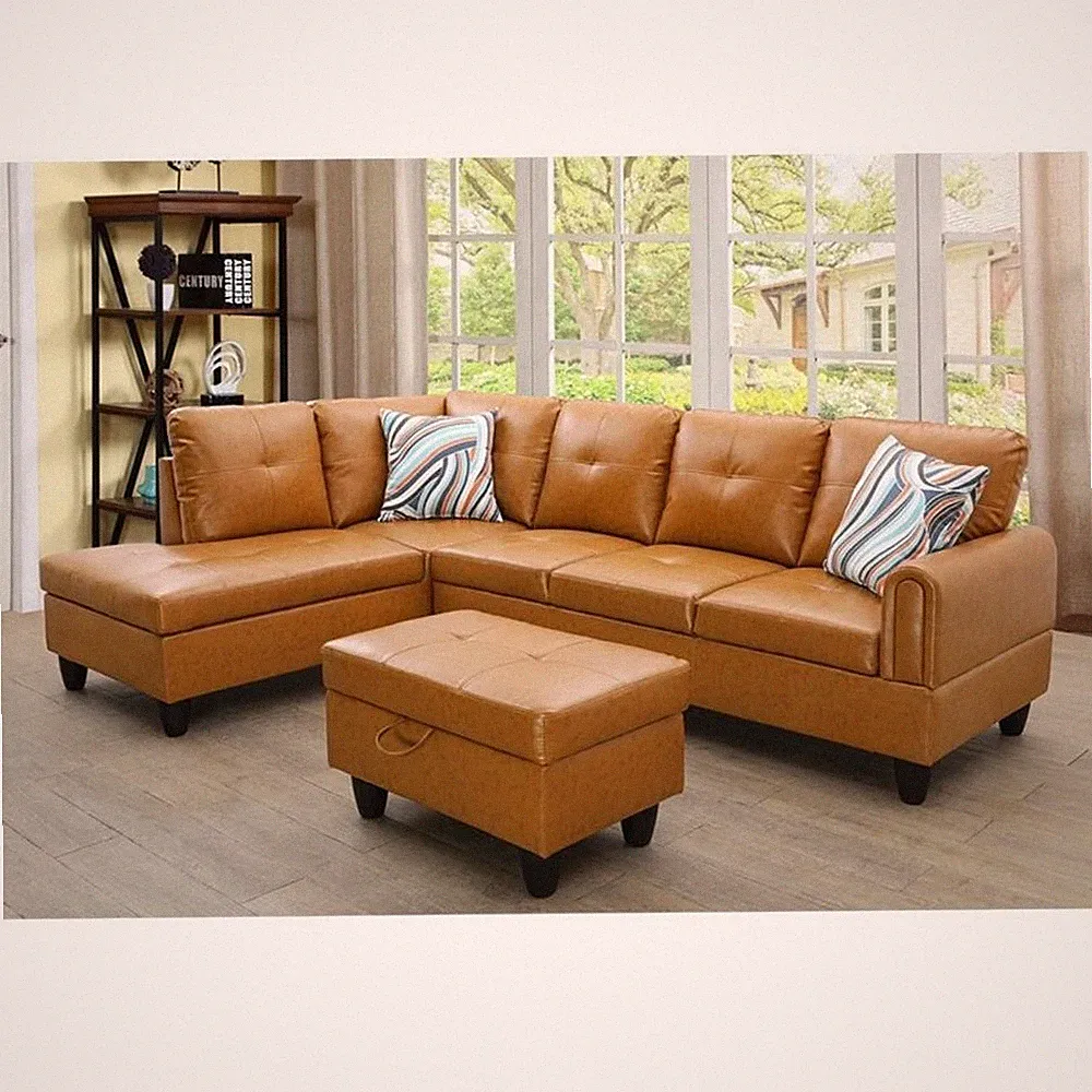 Pemberly Row Faux Leather 3PC Sectional w/ottoman (Rusty Orange)