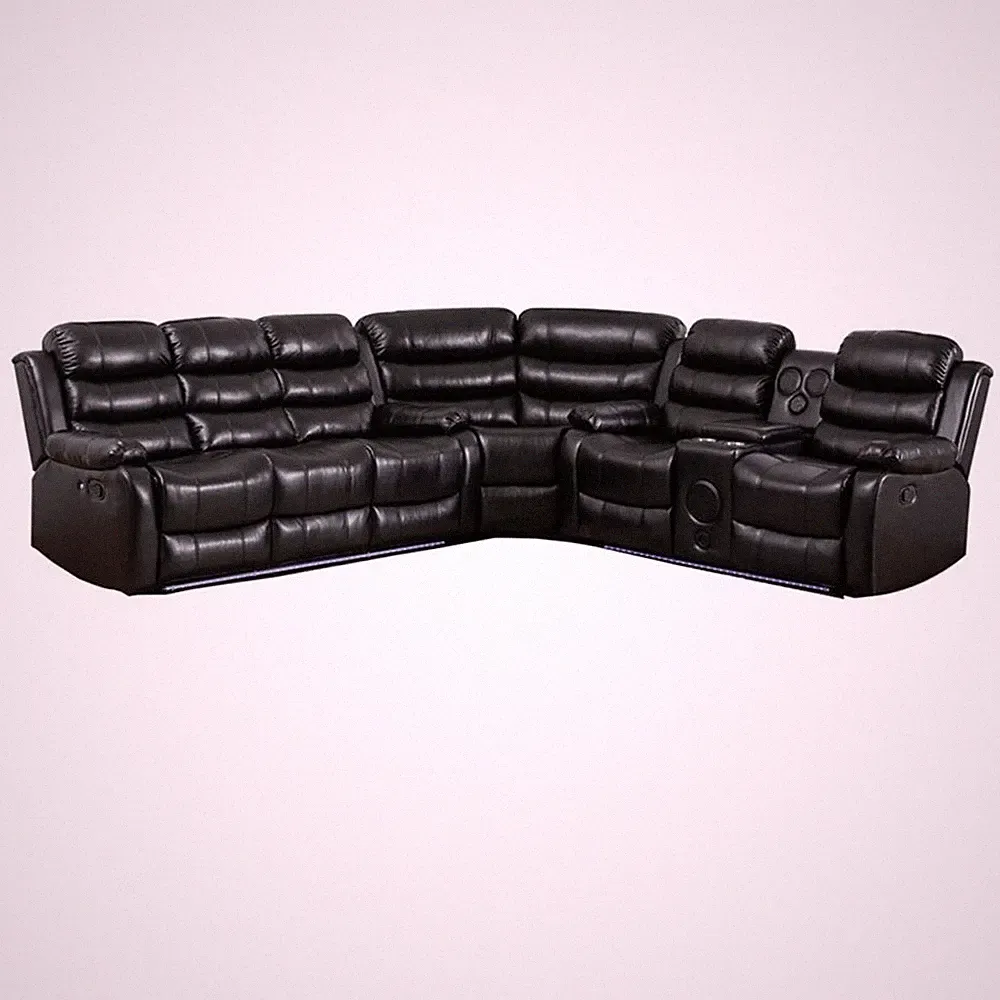 Pemberly Row Faux Leather Living Room Set Modern Reclining Sectional Sofa Black
