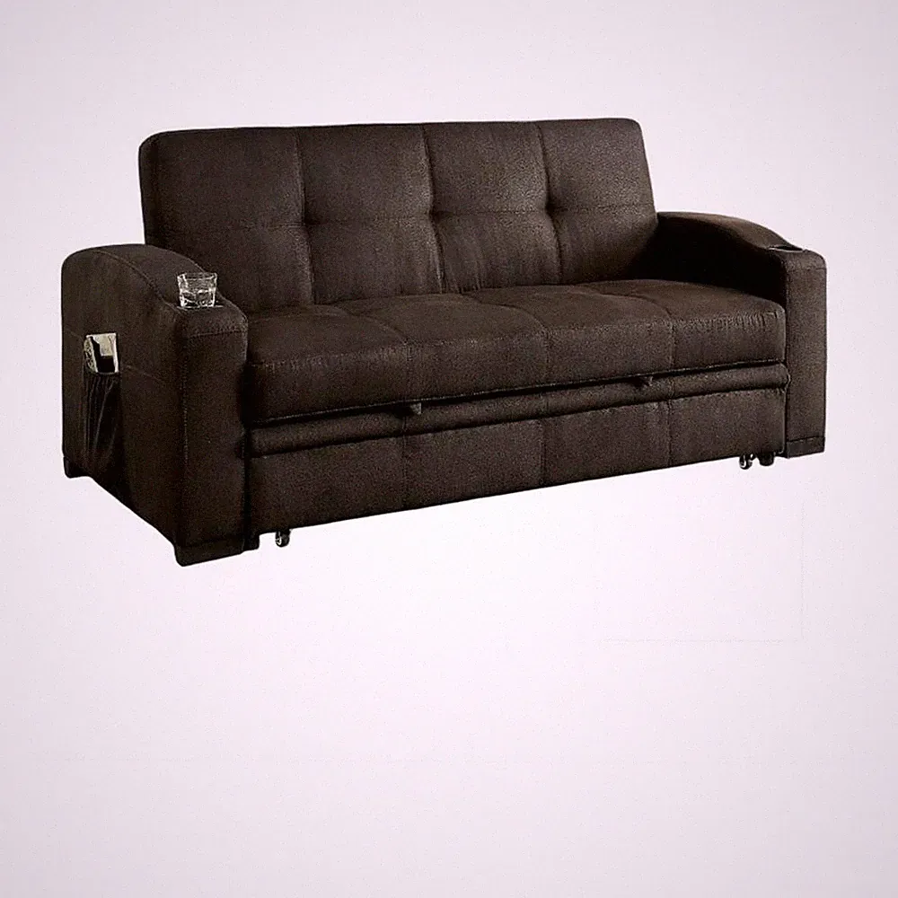 Pemberly Row Futon Sofa in Brown Fabric Upholstery Pull Out Base Button Tufting