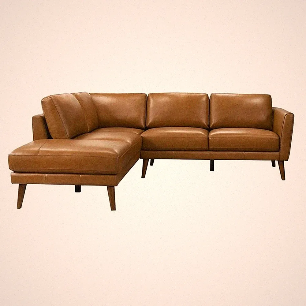 Pemberly Row Genuine Leather L-Shaped Pillow Back Left-Facing Sectional - Tan