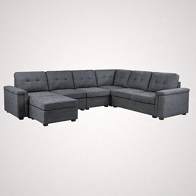Pemberly Row Gray Woven Fabric 7-Seater Corner Sectional Sofa with Ottoman