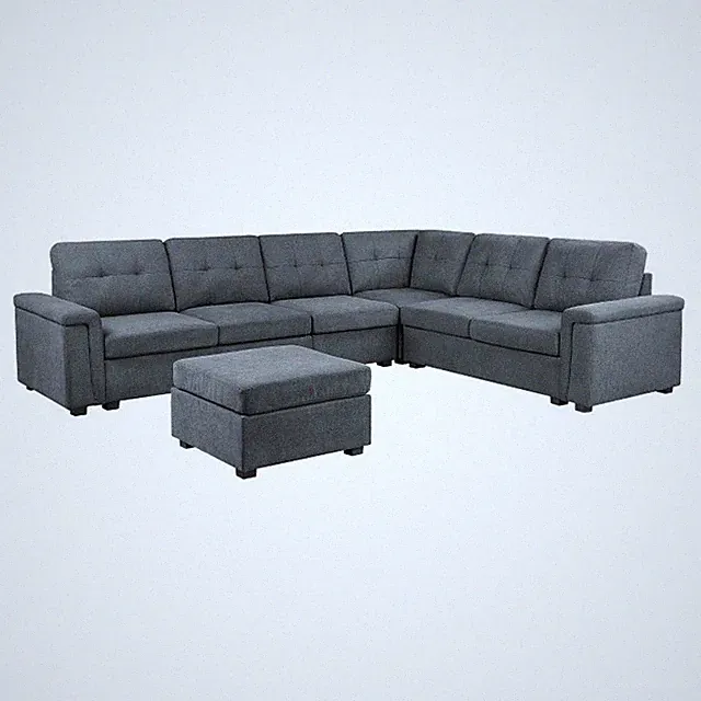 Pemberly Row Gray Woven Fabric 7-Seater Corner Sectional Sofa with Ottoman