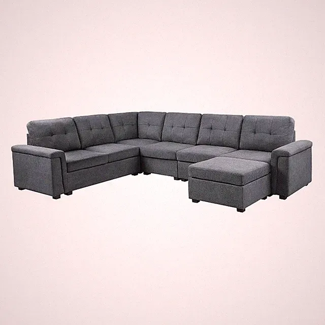 Pemberly Row Gray Woven Fabric 7-Seater Corner Sectional Sofa with Ottoman