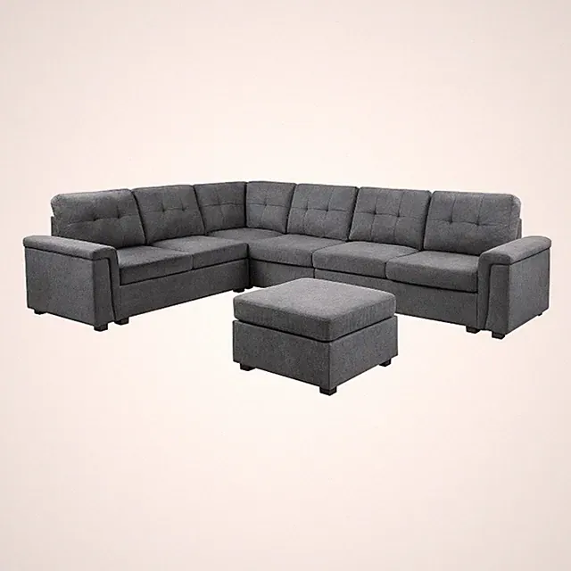 Pemberly Row Gray Woven Fabric 7-Seater Corner Sectional with Ottoman