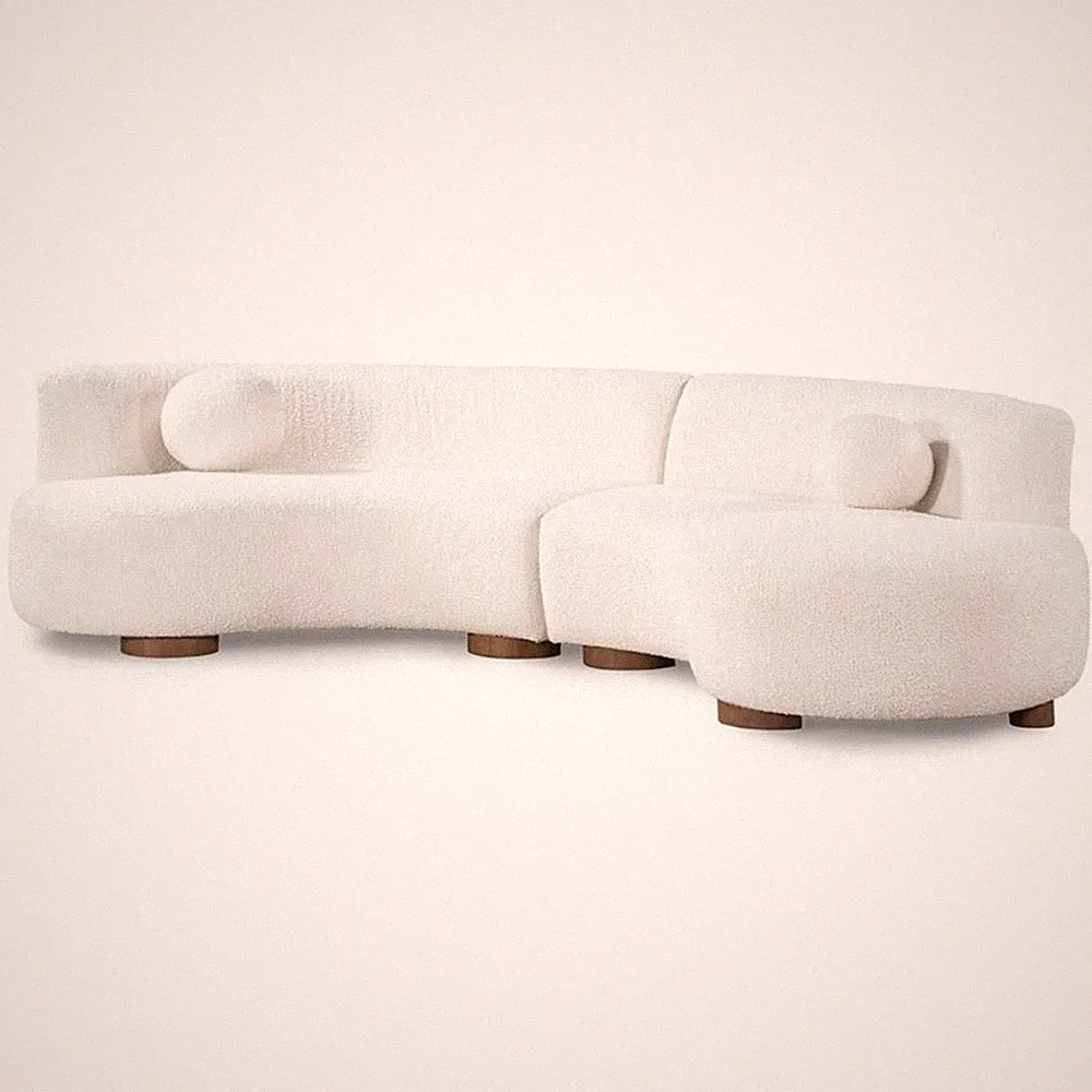 Pemberly Row Ivory Fabric Upholstery Sectional Sofa with Retro Curves
