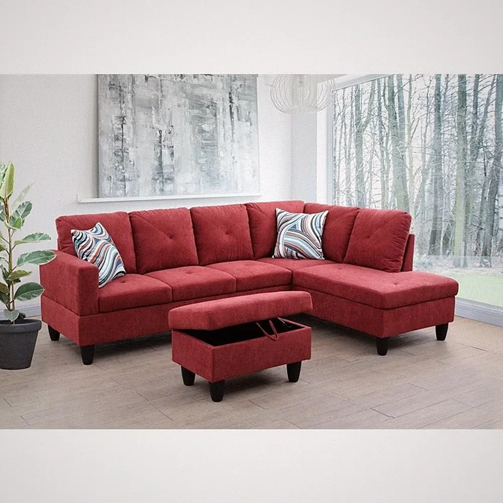 Pemberly Row L Shaped Red Couch w/ Storage Ottoman(Pillows Included) Microfiber