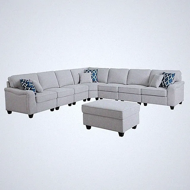 Pemberly Row Light Gray Linen 8Pc Modular L-Shape Sectional Sofa and Ottoman
