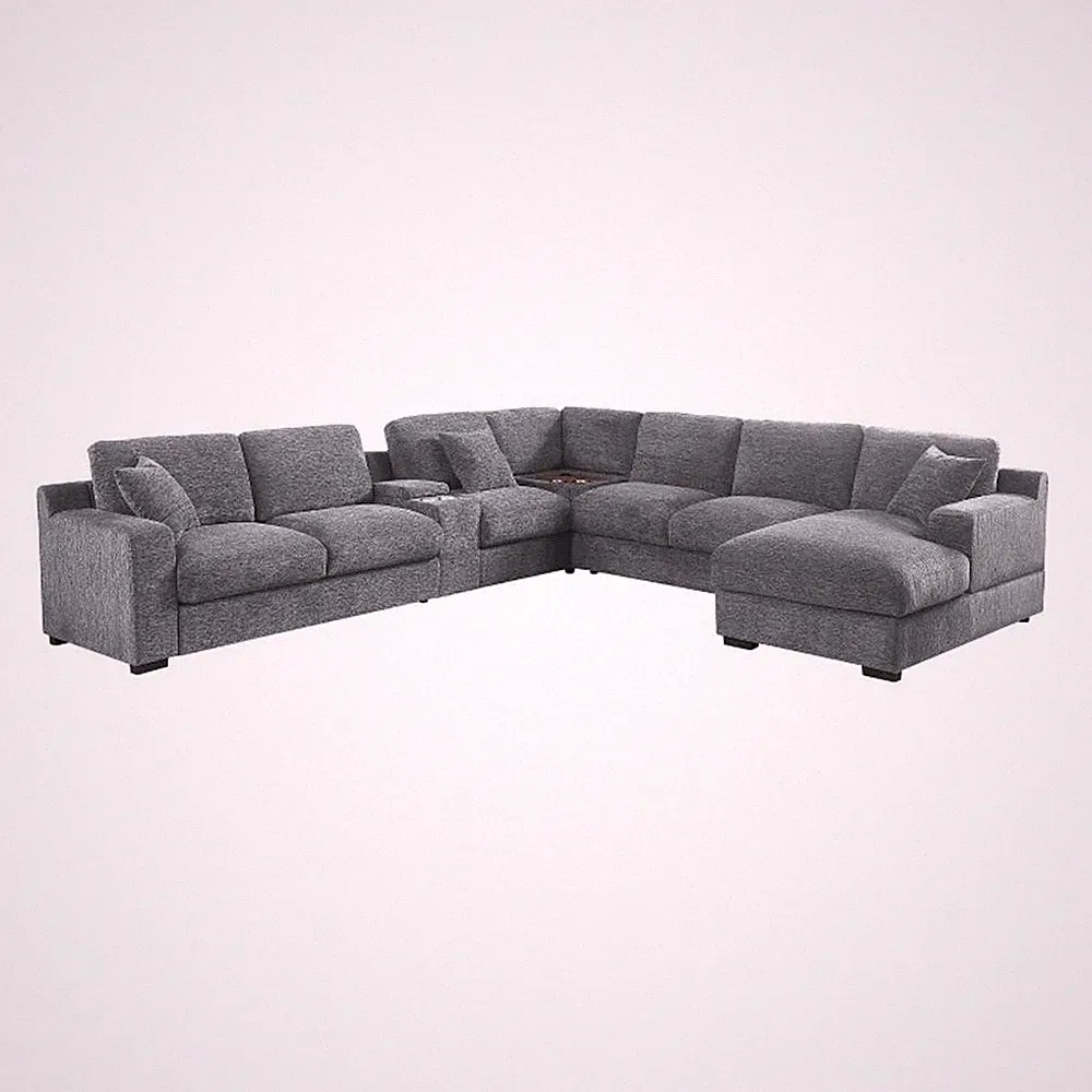 Pemberly Row Light Gray Sectional Right-Facing Chaise Cupholders Charging Ports