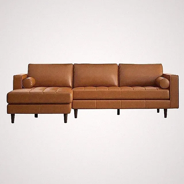 Pemberly Row Mid-Century Leather Cushion-Back Left-Facing Sectional in Tan