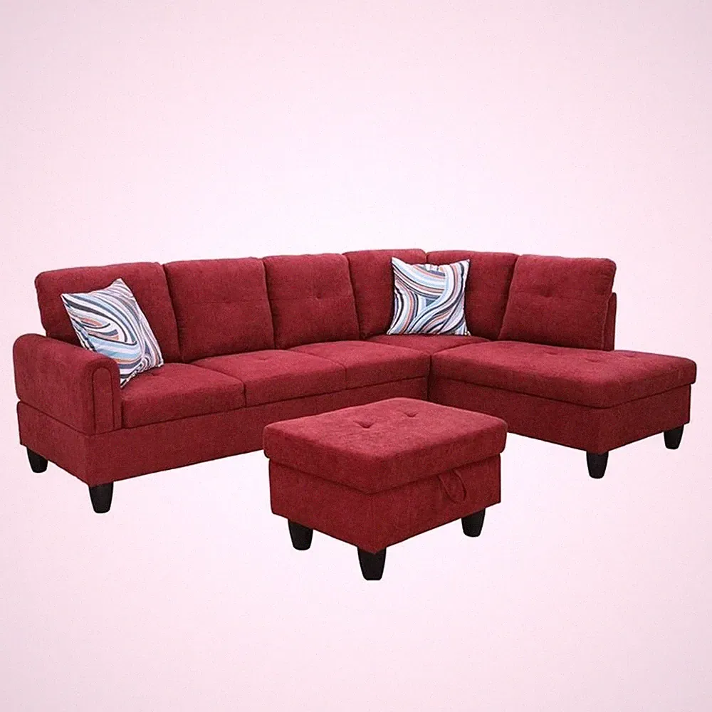 Pemberly Row Modern 3PC Sectional Sofa with Ottoman in Red Finish