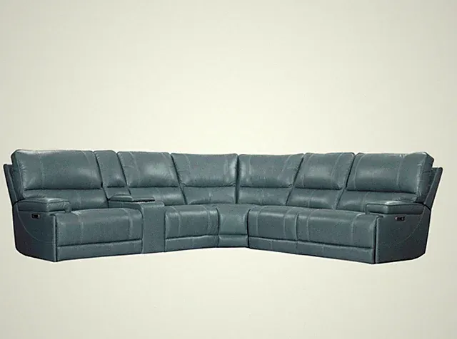 Pemberly Row Modern 6 Piece Leather Reclining Sectional in Azure