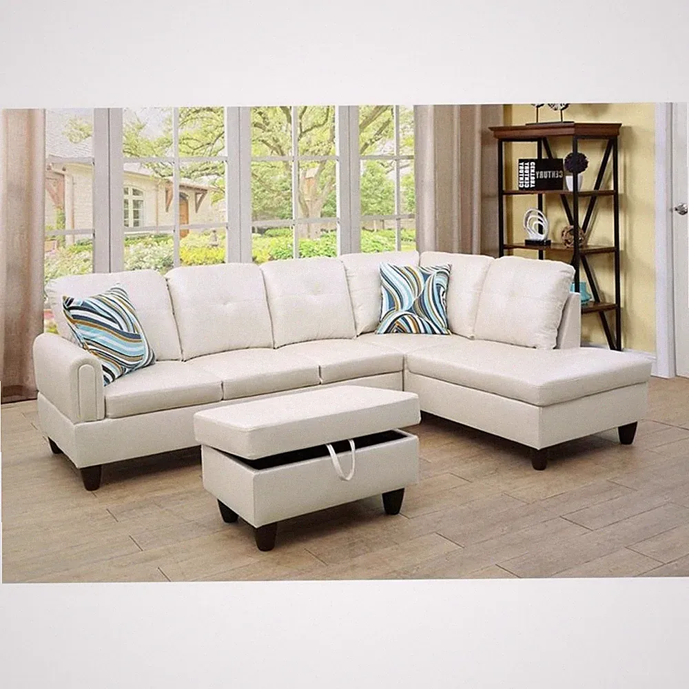 Pemberly Row Modern / Contemporary Off White 3PC Sectional w/ottoman