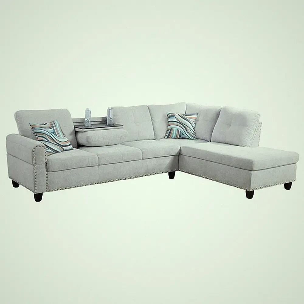 Pemberly Row Modern Linen Fabric Sectional Sofa in Gray White
