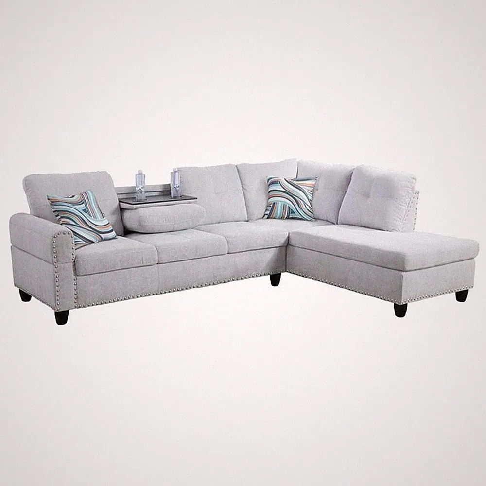 Pemberly Row Modern Linen Fabric Sectional Sofa in Gray White