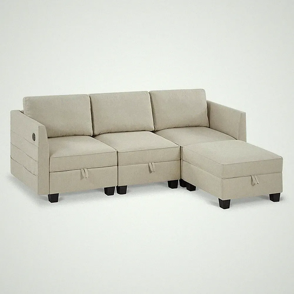 Pemberly Row Modular 4-Piece Storage Sectional Sofa Sandstone Beige Polyester