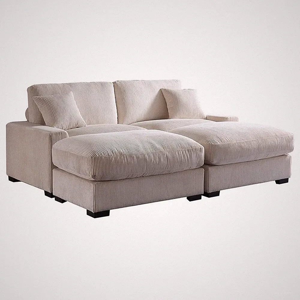 Pemberly Row Oversized Loveseat Sectional Sofa 2 Movable Ottomans Pillows Beige