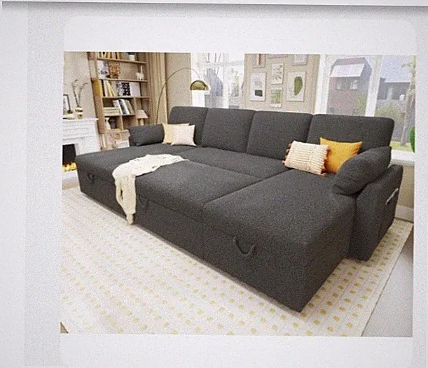 Pemberly Row PR-4753-1935210 Linen Reversible Sleeper Sectional - Light Gray