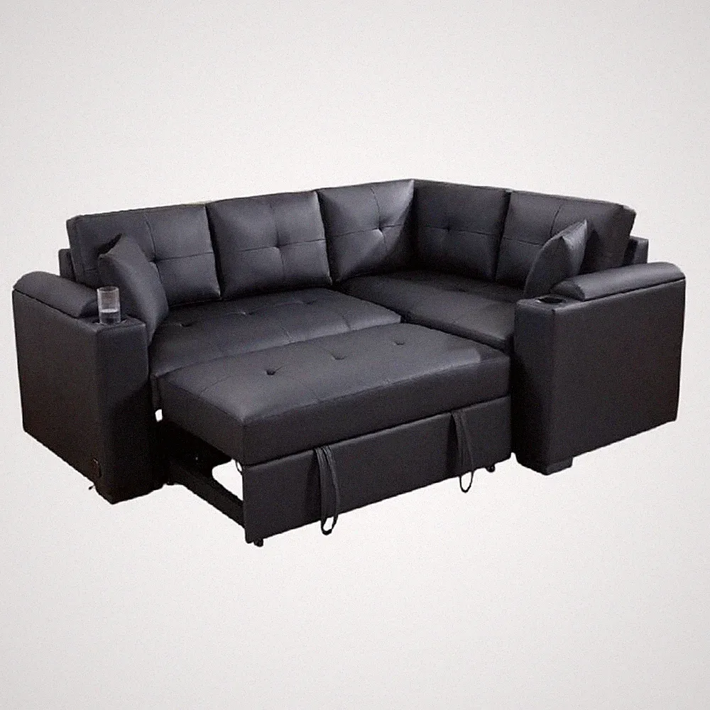 Pemberly Row Sectional Sleeper Sofa 2 Pillows USB Charger Black Faux Leather
