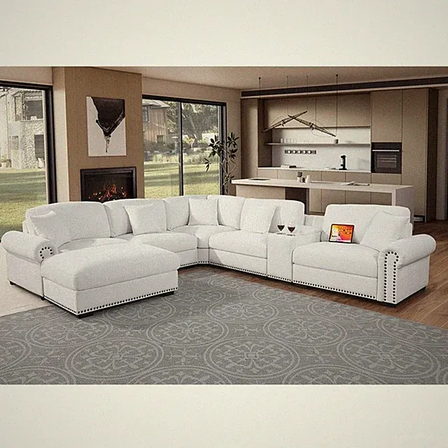Pemberly Row Sectional Sofa with Ottoman Cup Holder & Charger in White