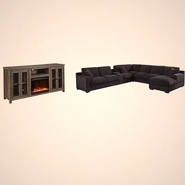Pemberly Row Set of 2 Chenille Fabric Sectional Chaise and Fireplace TV Console
