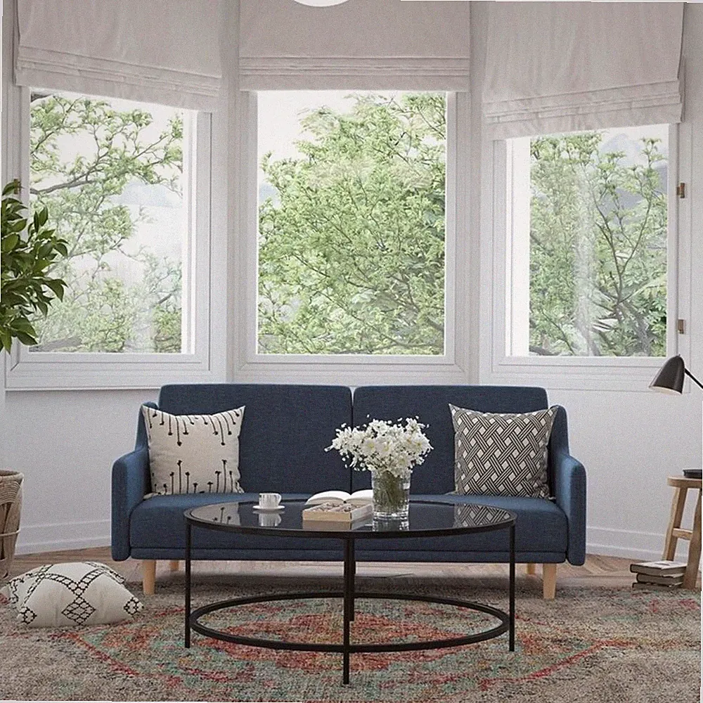 Pemberly Row Split Back Futon Sofa with Curved Arms and Solid Wood Legs in Navy