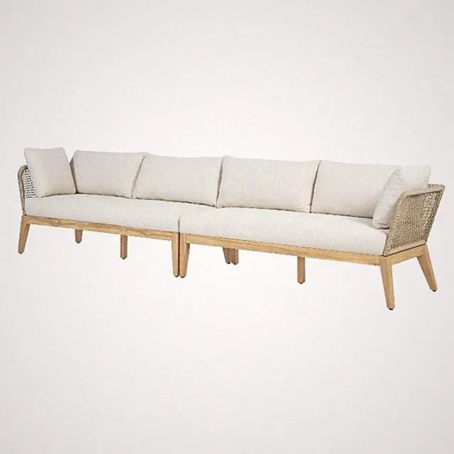 Pemberly Row Teak Wood 128" Sofa with Beige Color Rope Design