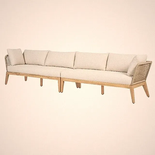 Pemberly Row Teak Wood 128" Sofa with Beige Color Rope Design